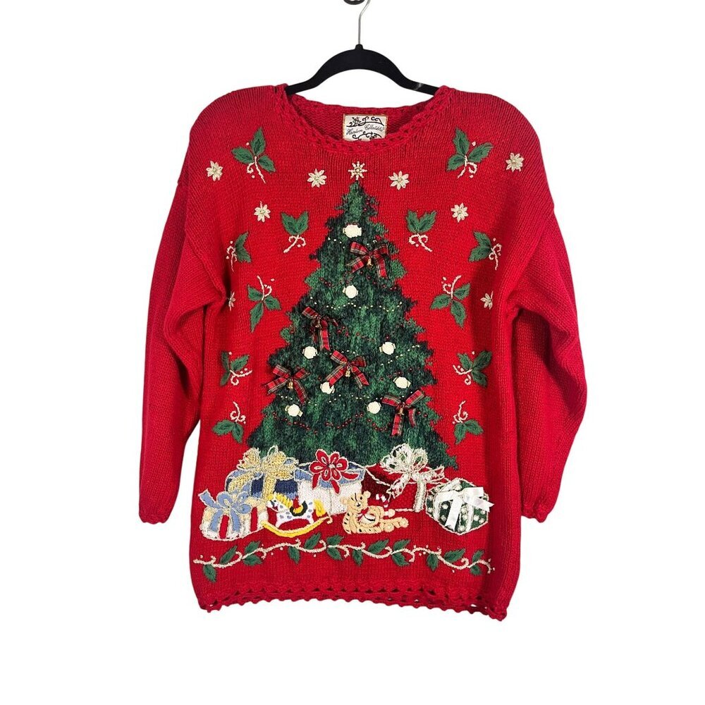 Vintage Christmas Knit Sweater Red M Festive Holiday Classic Retro Plaid 80s